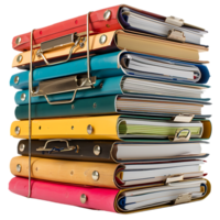 Stack of folders and documents on office desk against transparent background png
