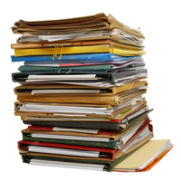 Stack of folders and documents on office desk against transparent background png