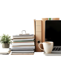 Stack of folders and documents on office desk against transparent background generated by Ai png