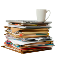 Stack of folders and documents on office desk against transparent background generated by Ai png