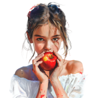 The image of the girl holding an apple over transparent background png