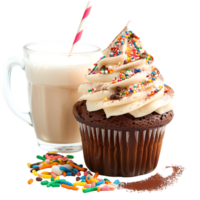 Isolated Cupcake with cocoa white cream sprinkles coffee milk on transparent background png