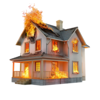 Isolated house on fire with flame against transparent background png