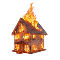 Isolated house on fire with flame against transparent background png