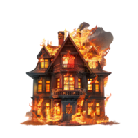Isolated house on fire with flame against transparent background png