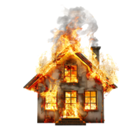 Isolated house on fire with flame against transparent background png