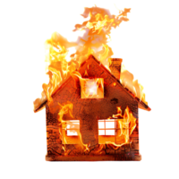 Isolated house on fire with flame against transparent background png