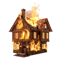 Isolated house on fire with flame against transparent background png