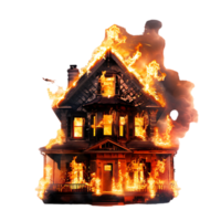 Isolated house on fire with flame against transparent background png