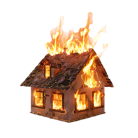 Isolated house on fire with flame against transparent background png