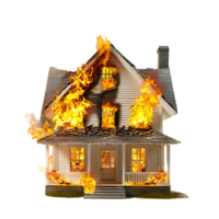 Isolated house on fire with flame against transparent background png