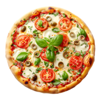 Italian pizza with melted mozzarella cheese green olives tomato garnished vegetables png