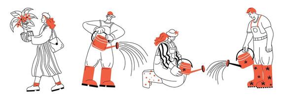 A group of people is joyfully gardening together, watering plants in a simple line art style vector