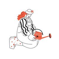 A gardener is kneeling in the garden, surrounded by flowers and plants, using a watering can vector