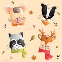 Children cute forest animals set with autumn elements. A collection of a mouse, raccoon, badger, and deer vector