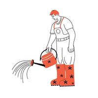 In the garden, a gardener is dressed in orange boots, using a watering can to care for plants vector