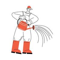 Gardener protecting plants, watering them with boots and cap while working in the garden vector