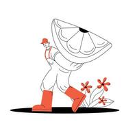 Cheerful farmer carrying a large lemon slice adorned with flowers in an illustrative style vector