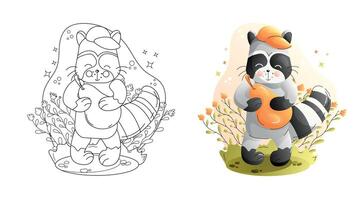 A playful raccoon character Coloring Page Black and White and Colored Versions. Childrens animals set. vector