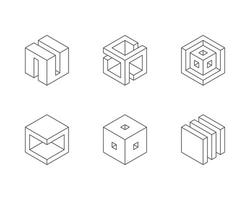 Black and white Cube logo, geometric design. Set box logotype company, trendy techno emblem in isometric 3D style. vector