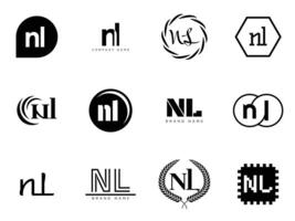 NL logo company template. Letter n and l logotype. Set different classic serif lettering and modern bold text with design elements. Initial font typography. vector