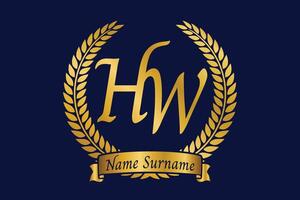 Initial letter H and W, HW monogram logo design with laurel wreath. Luxury golden calligraphy font. vector