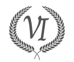 Initial letter V and I, VI monogram logo design with laurel wreath. Luxury calligraphy font. vector