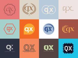 QX logo company template. Letter q and x logotype. Set different classic serif lettering and modern bold text with design elements. Initial font typography. vector