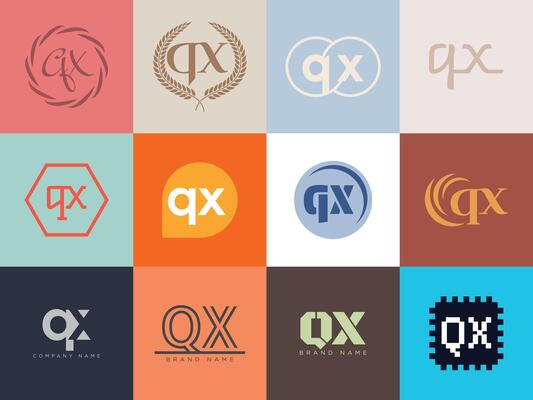 QX logo company template. Letter q and x logotype. Set different classic serif lettering and modern bold text with design elements. Initial font typography.