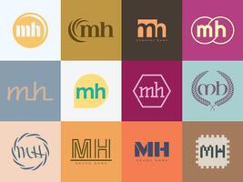 MH logo company template. Letter m and h logotype. Set different classic serif lettering and modern bold text with design elements. Initial font typography. vector