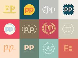 PP logo company template. Letter p and p logotype. Set different classic serif lettering and modern bold text with design elements. Initial font typography. vector