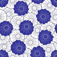 Indigo Bloom Symphony doodle background. A seamless floral pattern in vibrant indigo and crisp white, capturing the whimsical charm of hand-drawn blooms in full bloom. illustration. vector