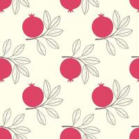 Pomegranate pattern, branch with red fruit and leaves, stylized contour drawing. vector