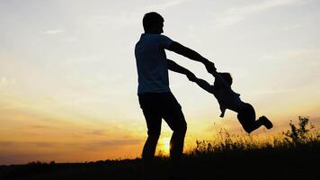 Silhouette of father playing and spinning with his son in the park at the sunset time. People having fun on the field video