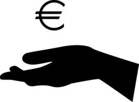 Silhouette of euro sign above an outstretched hand. illustration in black color. vector