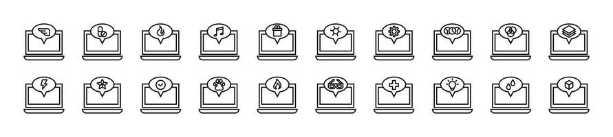 Set of thin line icons of laptop and speech bubble. Editable stroke. Simple linear illustration for web sites, newspapers, articles book vector