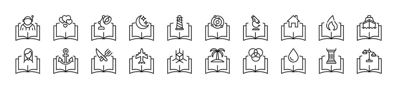 conjunto de Delgado línea íconos de artículos terminado libros. editable ataque. sencillo lineal ilustración para web sitios, periódicos, artículos libro vector