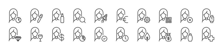 Female user by items line icons collection. Editable stroke. Simple linear illustration for web sites, newspapers, articles book vector