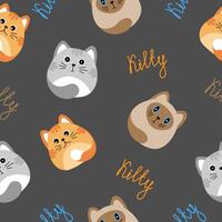 Seamless pattern with many different red, grey, siamese cats on dark grey background. Illustration for children. vector