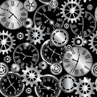 Silver metallic mechanical gears and clocks seamless pattern on black background vector