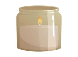 Decorative interior aromatic wax candle with flame in glass jar. isolated cartoon illustration. vector
