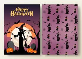 Set of Halloween card and seamless pattern with witch, cat, pumpkins and bat. Halloween template. Happy Halloween vector