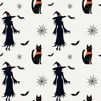 Monochrome halloween pattern with witch and black cat. Witch silhouette. Halloween backgrounds, seamless pattern. vector