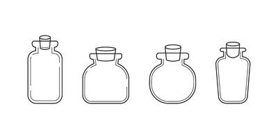 Outline magic glass vessels with corks. Empty flask, container, bottle, jar. Spiritual wizard witchcraft potion. Halloween concept. Line art. Black and white isolated on white. vector