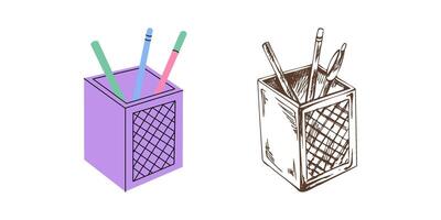 flat and hand drawn sketch style school and office tools Illustration. Plastic box with stationery and drawing tools sketch. Back to School. vector