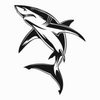 Aggressive shark with fangs and open mouth black silhouette on white background. Wild animal logo, icon or print design vector