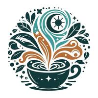 Modern Coffee Cup Icon with Abstract Steam, Beans, and Leaf Elements in Minimalist Style vector
