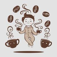 Relaxed Coffee Lover Floating with Cups and Beans - Whimsical Coffee-Themed Illustration vector