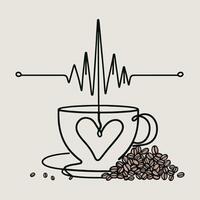 Coffee cup with heart-shaped steam and coffee beans surrounded by heartbeat line illustration vector