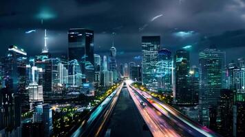 Highway and reflections from buildings in a big city on a cloudy night The future of modern cities video